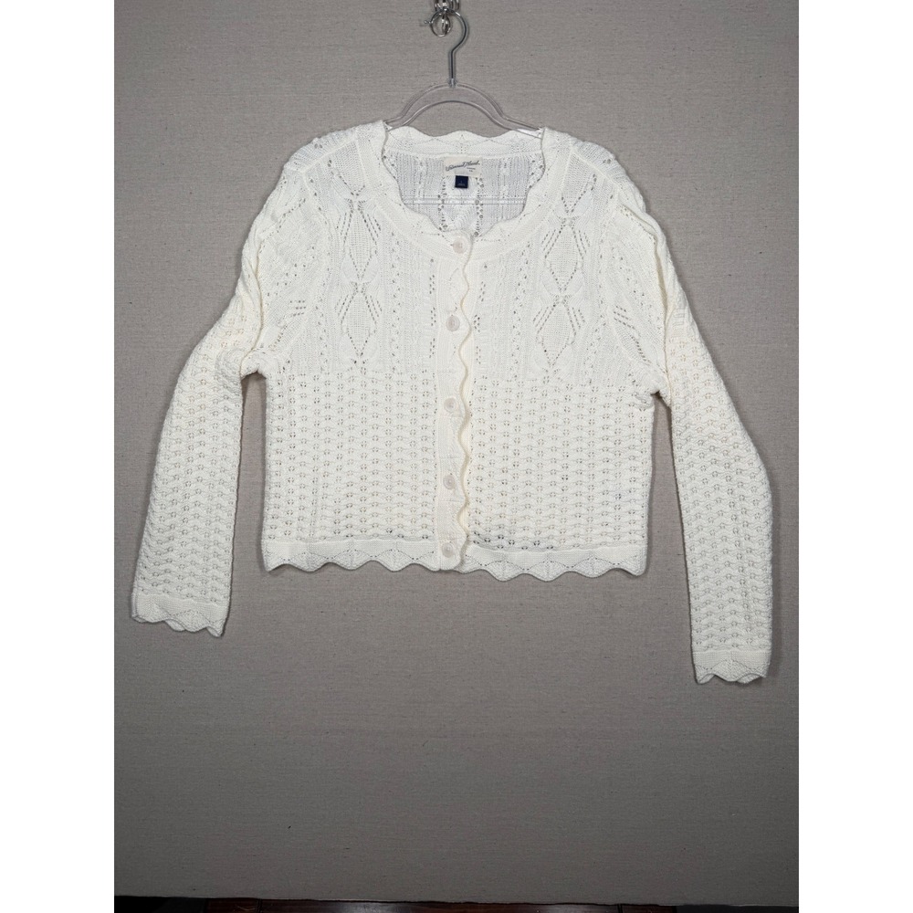 Universal Thread Cream Cotton Pointelle Knit Cardigan Scalloped Edge Large